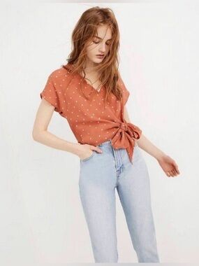 EUC Madewell Sash Tie Wrap Polka Dot Pink Peach Blouse size small